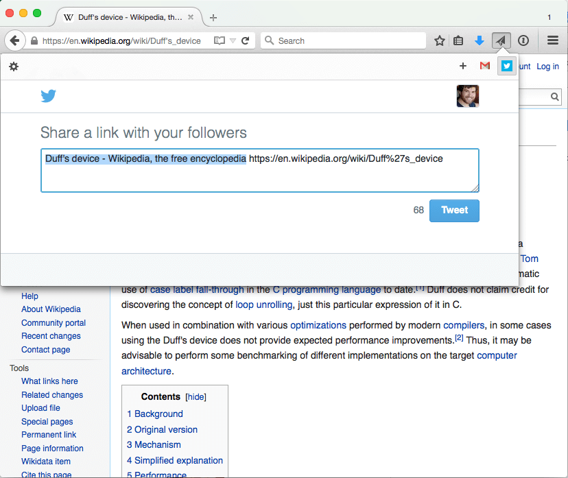 Sharing a link to Twitter with Firefox